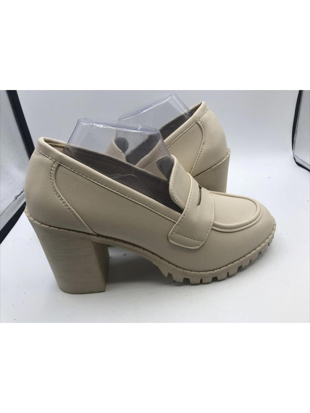Forever Penny Loafers Women Size 10 Beige Rounded Toe Slip On Chunky Heel - Picture 10 of 12